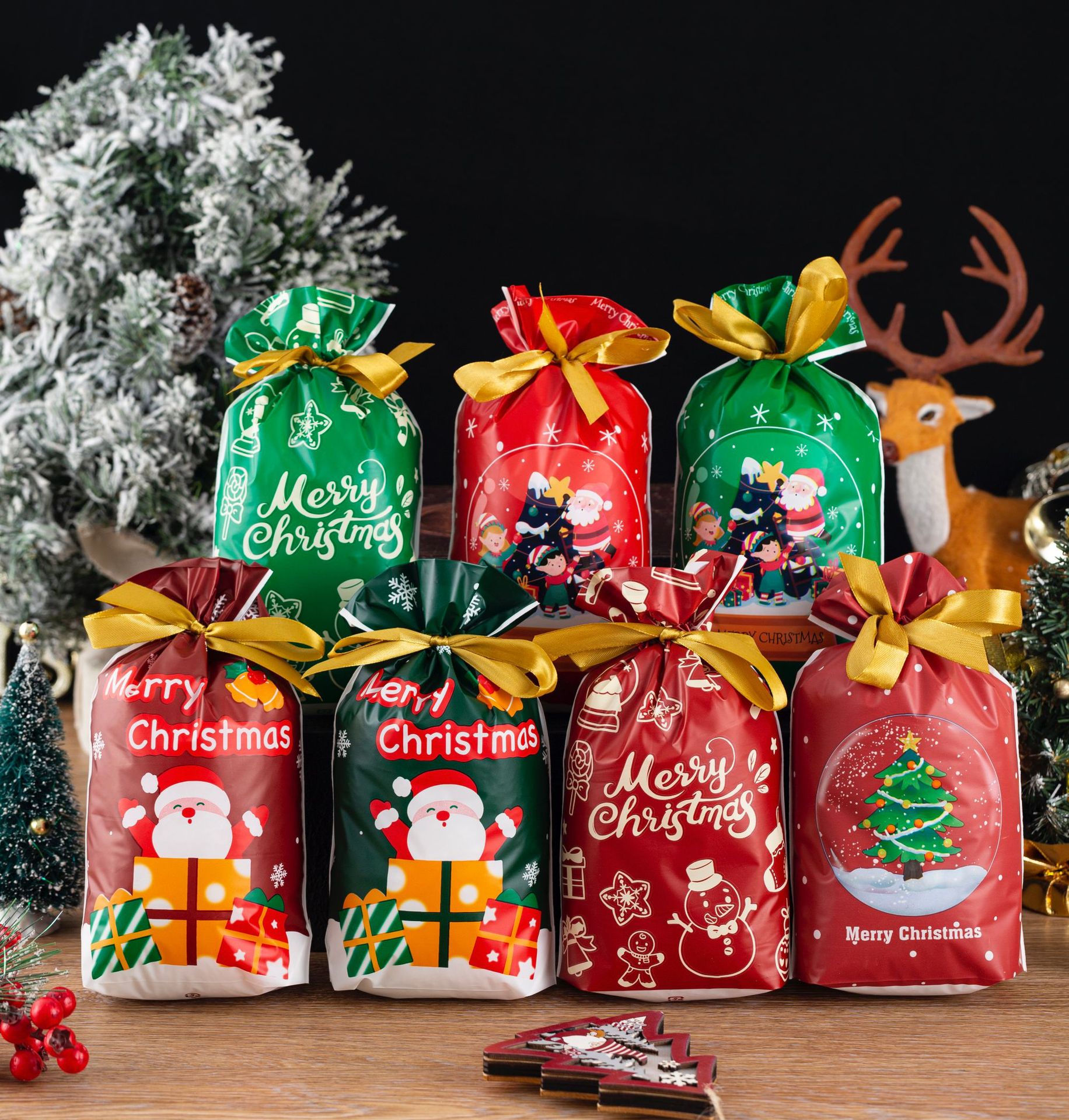 50 Christmas Food Packaging Bags Ribbon Drawstring Bag Candy Biscuits Drawstring Bag Gift Bag Mixed Packaging