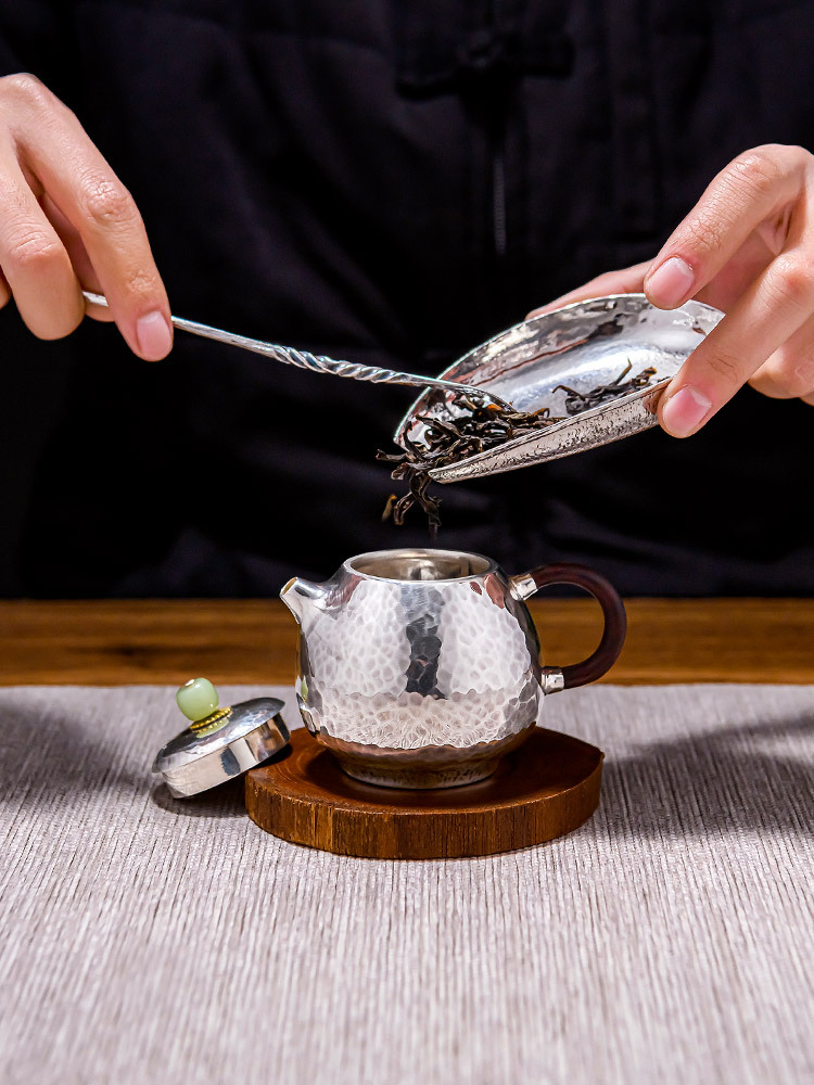 bh0d银茶壶纯银999泡茶壶纯手工一张打龙蛋功夫足银茶具小银壶