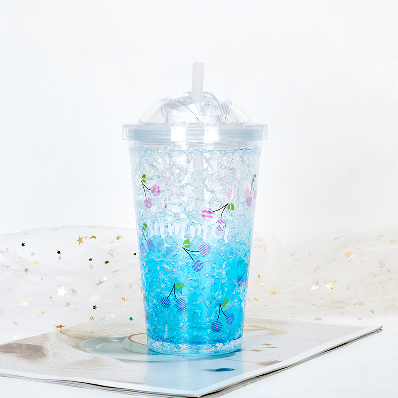 Plastic Push Cover Straw Cup Gift Double-Layer Wholesale Cup Gradient Color Frost Water Bottle Refrigeration Crushed Ice Cup