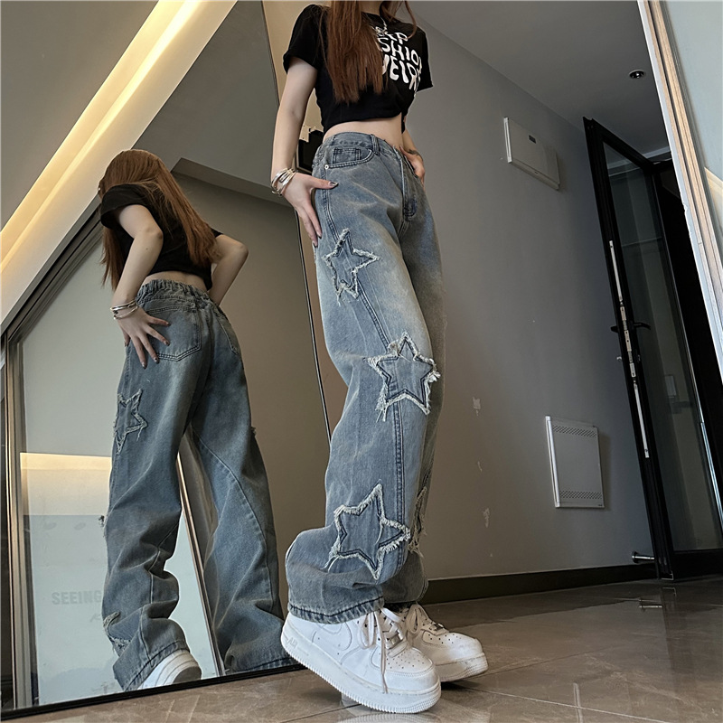 Blue XINGX Embroidered Jeans for Women Spring and Autumn New Design Sense Niche Loose Straight Wide-Leg Pants Tide