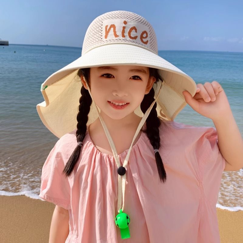 女童帽子夏季薄款网眼透气大帽檐遮阳帽带披肩护脖宝宝防晒帽2024
