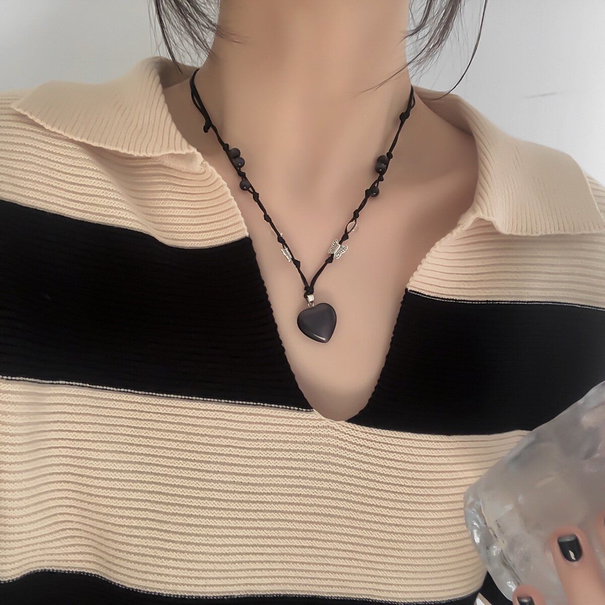 INS Korean Niche Design Beaded Love Necklace Dark Butterfly Sweet Cool Style Light Luxury Adjustable Clavicle Chain