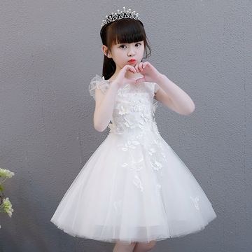 女童公主裙白色蓬蓬纱夏季连衣裙花童婚纱钢琴演出服跨境儿童礼服