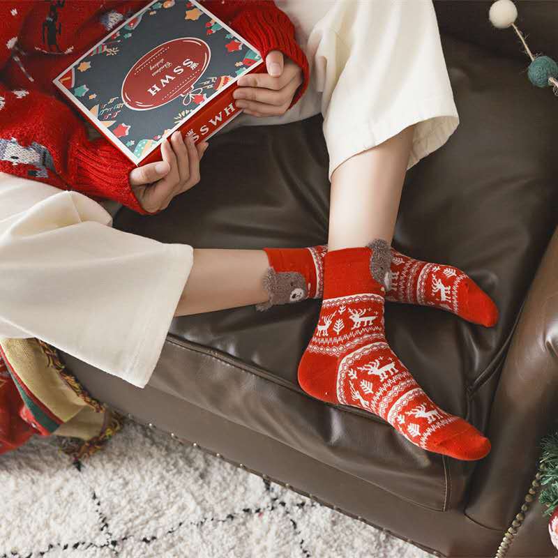 Cross-Border Autumn and Winter New Red Christmas Stockings Gift Box Cartoon Cute Mid-Calf Length Socks Children Cotton Sock Christmas Stockings Boxed