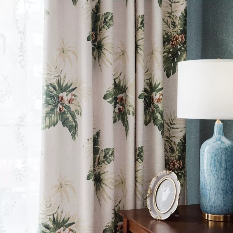 许村窗帘厂家美式田园仿棉麻印花半遮光卧室客厅书房成品窗帘布料