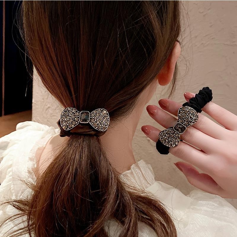 Korean Style Dongdaemun Retro Fashion Bowknot Crystal Full Diamond Hair Band Hair Rope French Large Intestine Ring Head Rope Rubber Band