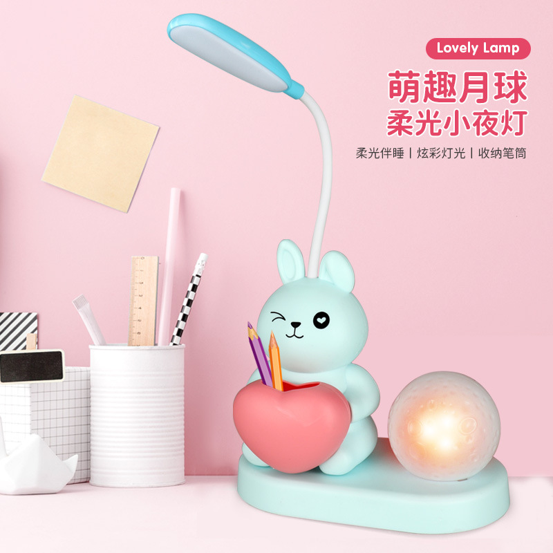 new cute pet cartoon table lamp pen holder with moon night light usb rechargeable creative table lamp desktop decoration table lamp