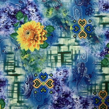 新款外贸中年立体菊花3d数码印花布料复古旗袍健康布面料厂家直供