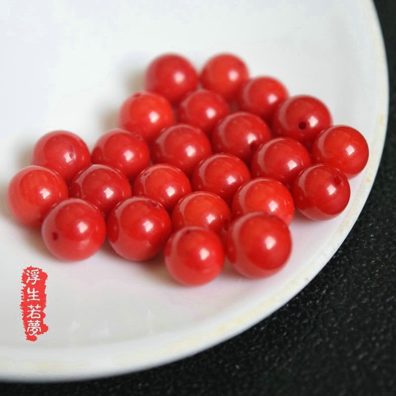 天然海竹珊瑚 红色海竹半孔圆珠单颗散珠 diy古风发簪耳坠项链坠