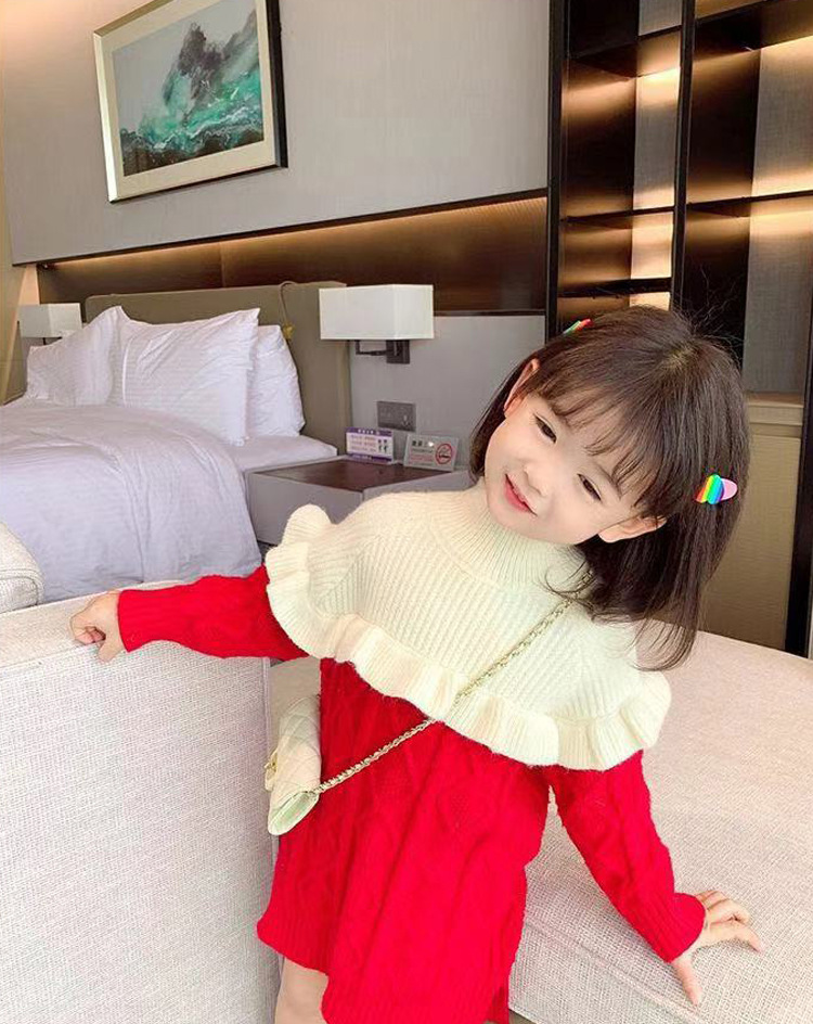 女童半高领套头毛衣秋冬装拼接加厚小童宝宝儿童洋气荷叶边针织裙