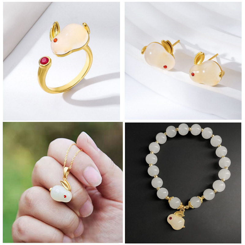 jade hare bracelet necklace ear stud four-piece ring set zodiac rabbit pendant bracelet earrings birth year cute bunny