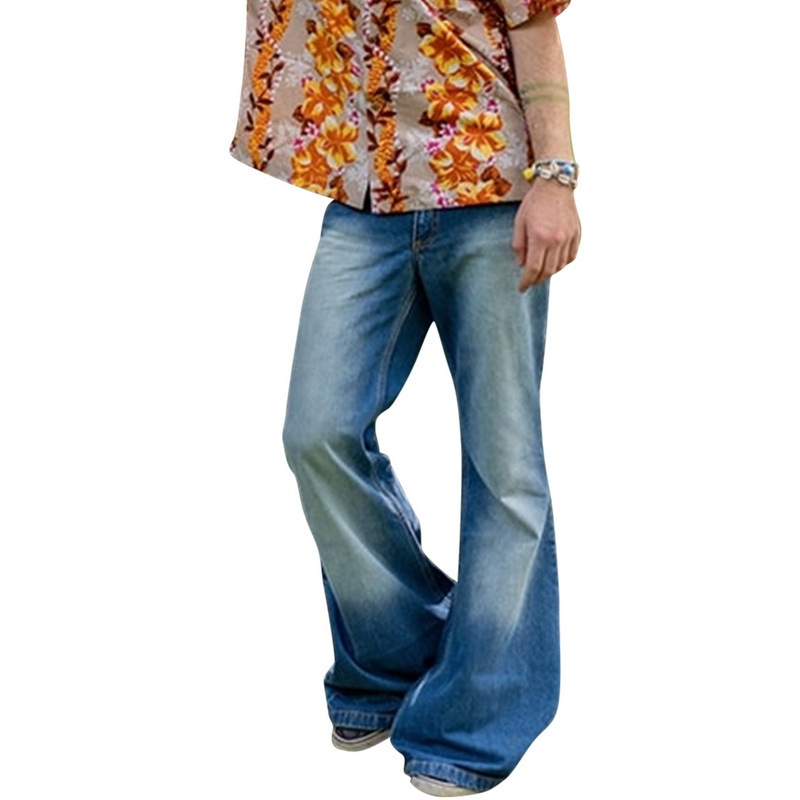 特价蓝色朋克风牛仔男裤蓝色高腰绣花复古男士大喇叭裤牛仔裤男