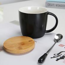 陶瓷马克杯带勺带盖早餐牛奶咖啡燕麦杯木盖简约家用水杯学生情侣