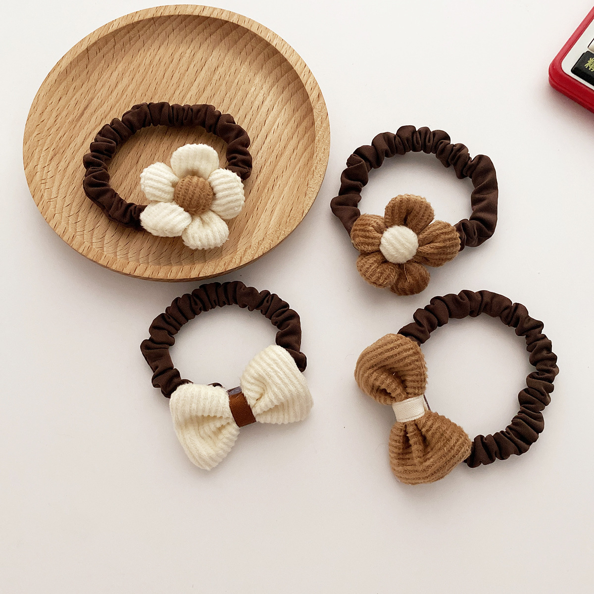 Korean Milk Tea Corduroy Flower Bow Tie Fabric Pleated Small Intestine Hair Ring Sweet Girly Bun