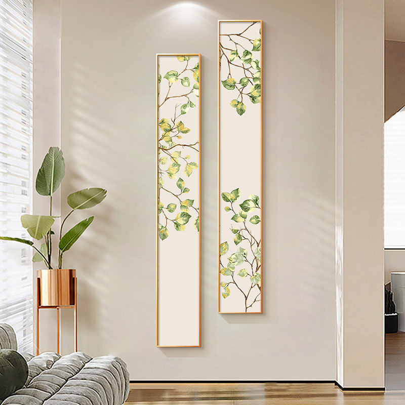 原木风入户玄关装饰画北欧绿植样板间壁画窄长条竖版走廊过道挂画