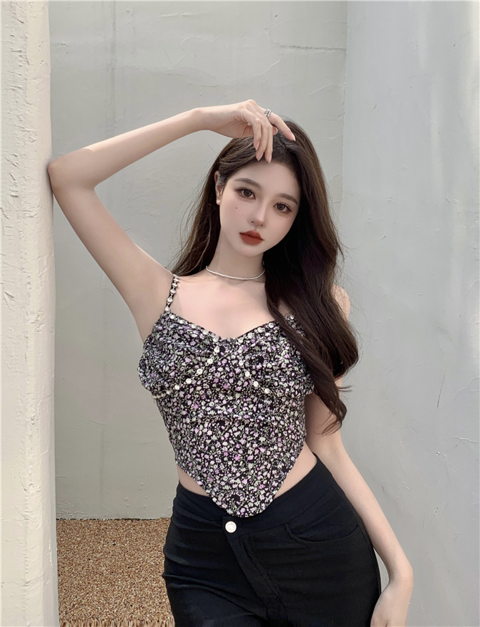 实拍碎花镶钻吊带背心女蕾丝重工纯欲风辣妹上衣性感女装修身显瘦