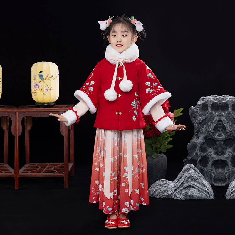 汉服女童冬装风女孩唐装棉袄套装古装超仙过年保暖喜庆拜年服