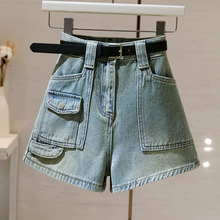 高腰牛仔短裤女~2024夏季新款复古美式小个子修身显瘦a字阔腿热裤