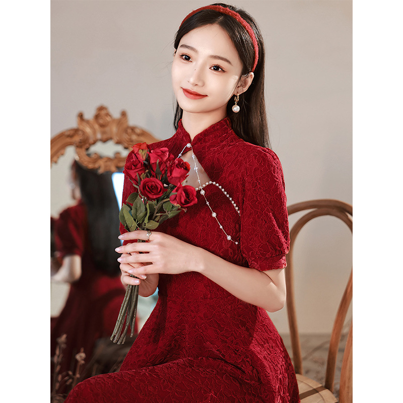 红色旗袍敬酒服新娘高级感小个子夏季显瘦平时可穿订婚中式礼服裙