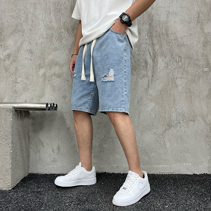 破洞牛仔短裤男夏季五分裤薄款宽松直筒男士牛仔裤帅气潮流中裤