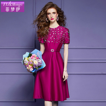 菲梦伊小个子连衣裙短袖夏季新款法式高端收腰气质钉珠a字裙48900