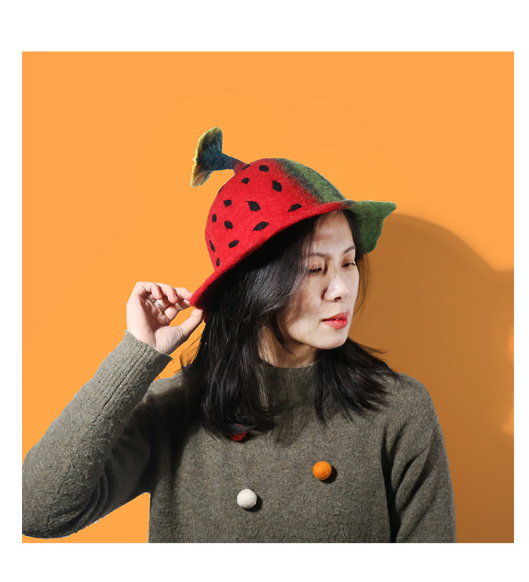日韩原宿风个性街头水果西瓜帽羊毛毡毛毡帽帽子男女创意礼物