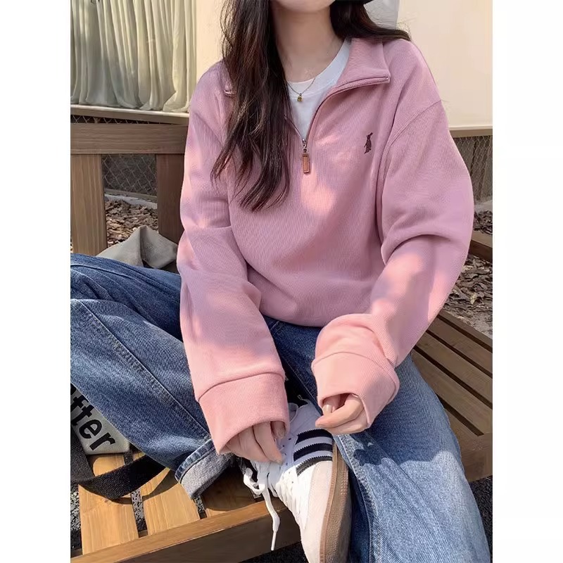 casual lazy hong kong style design embroidered niche design loose 2023 new early autumn lapel pink sweater for women