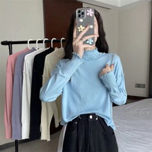 木耳边半高领设计感打底衫2023春秋韩版针织衫厚款长袖上衣女厚实