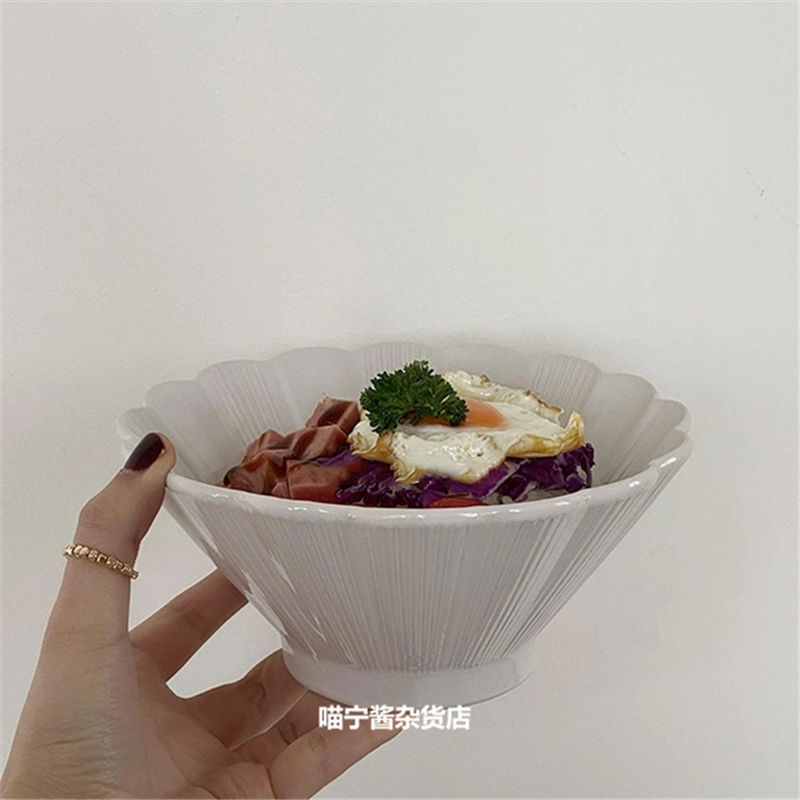ins日式陶瓷大碗复古纯色拉面碗 菊花纹泡面碗家用大号沙拉碗汤碗