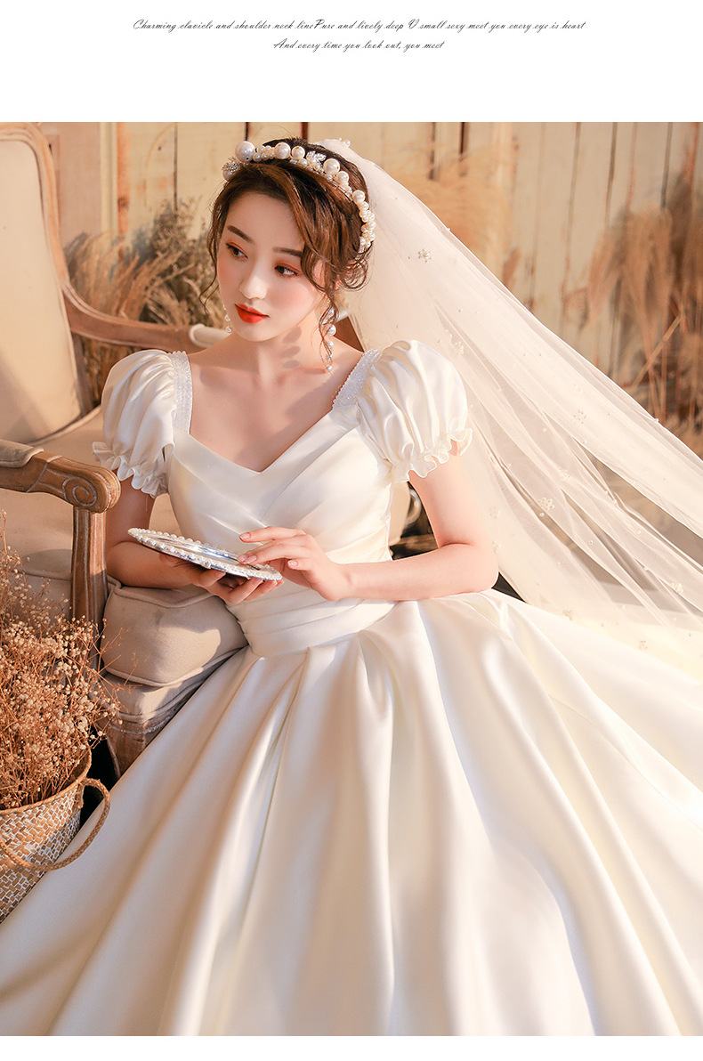 跨境婚纱礼服2022夏新娘一字肩法式缎面质感显瘦遮手臂大拖尾供应