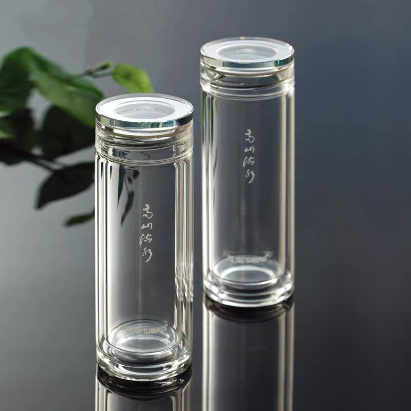 思宝双层玻璃杯高山流水熊猫图案车载水杯商务隔热泡茶高档杯子