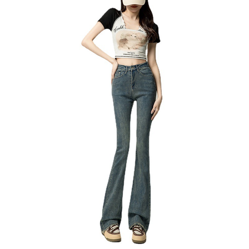  New Spring Jeans Female Gray Bleached Raw Edges Design Slimming Stretch Slim Fit Bell-Bottom Pants Trendy Mop