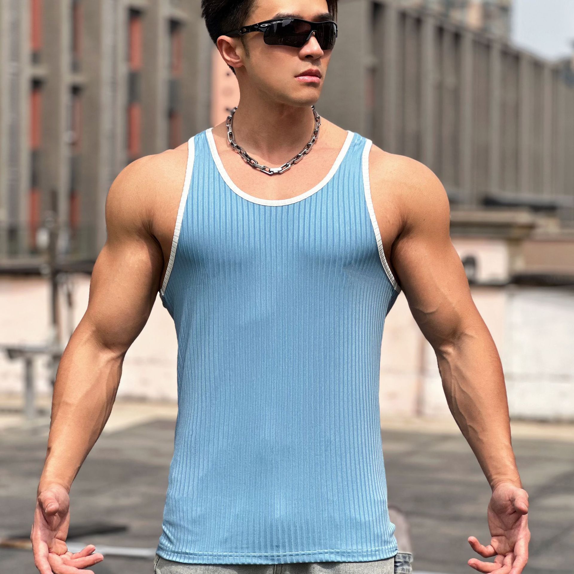 新款夏季男健身条纹背心男士户外跑步休闲运动纯色无袖工字背心潮