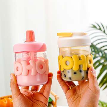 400ml高颜值字母网红水杯高硼硅耐热玻璃杯双饮吸管杯饮料果汁杯