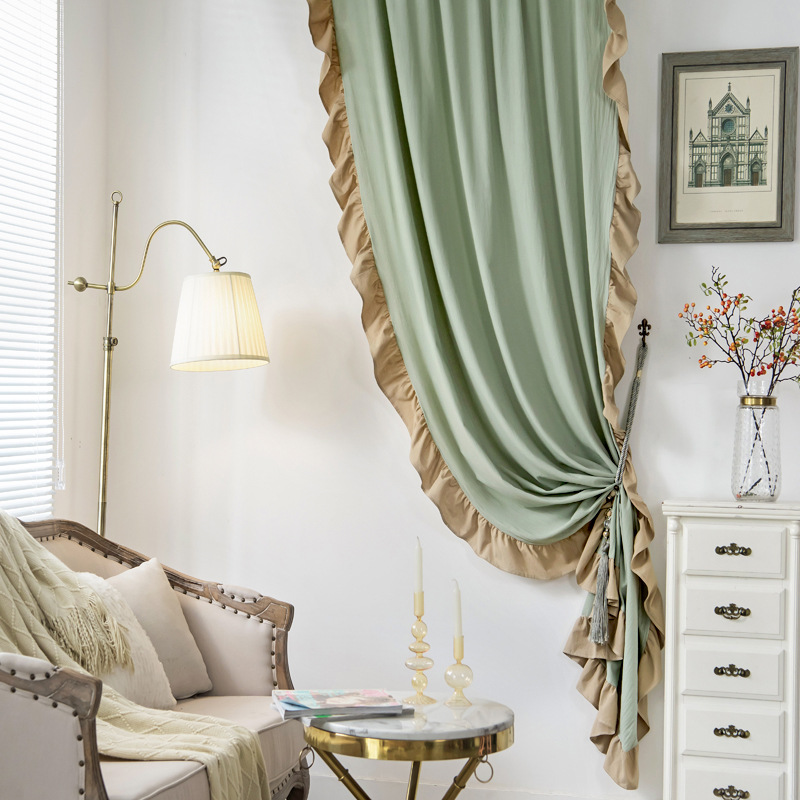 乐轩秀新品荷叶边棉麻窗帘成品 ins 挂钩式成品飘窗窗帘布批发