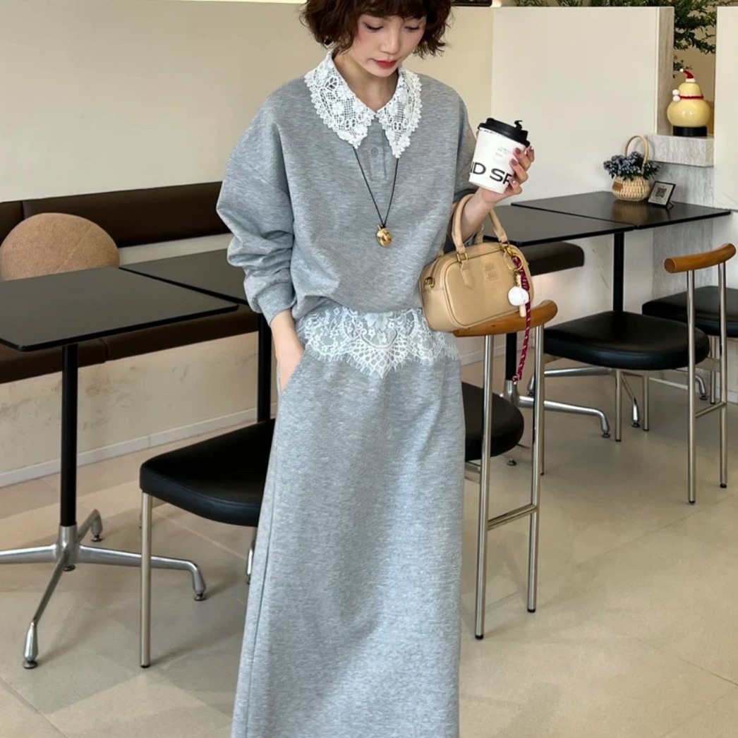 2025秋季新品韩版设计款拼接蕾丝卫衣长袖花边半身裙网红两件套潮