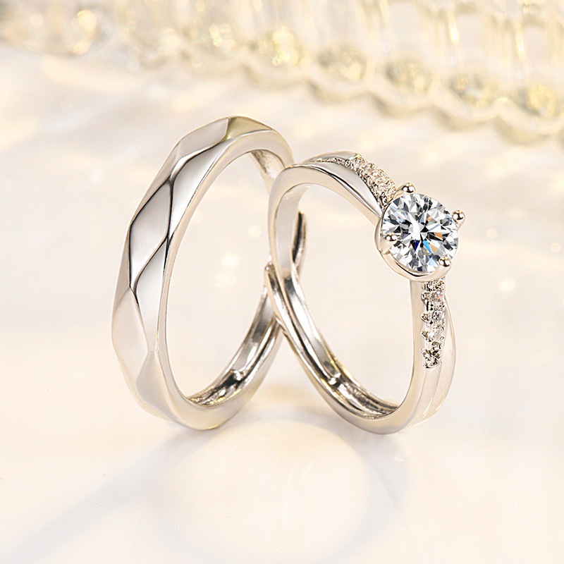 霏语简约优雅菱形格锆石水晶情侣戒指情人节七夕礼物求婚结婚钻戒