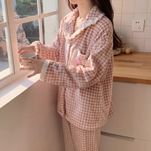 【D】 喔密哒冬季新品法兰绒格子印花口袋钩花甜美柔软家居服睡衣