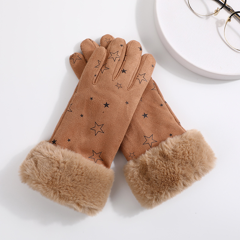 Star Printed Suede Gloves Female Warm-Keeping and Cold-Proof Cycling Gloves Velvet Lined Windproof Winter Gloves Dacron Gloves Wholesale