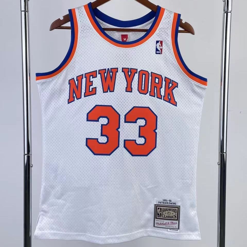 mn球迷版热压复古球衣:尼克斯队1991/92赛季白色33号尤因无袖背心