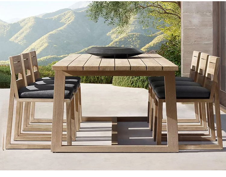 柚木户外桌椅庭院餐桌别墅桌室外露台花园做旧实木长桌椅组合