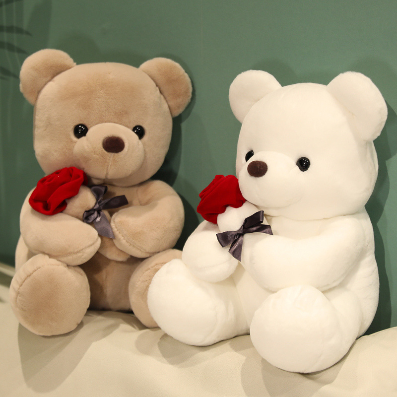 坐姿玫瑰花熊毛绒公仔 可爱情侣泰迪熊 婚庆布娃娃礼物