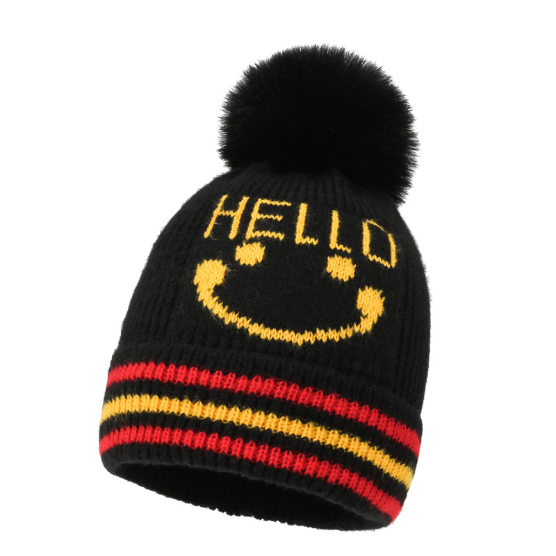 Children's Hat Wholesale 2023 New Fashion Cartoon Smiley Face Woolen Cap plus Velvet Thickened Outdoor Knitted Hat Foreign Trade