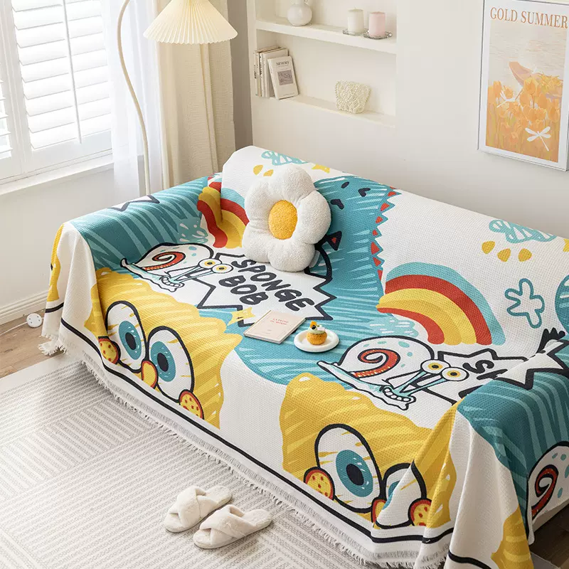 北欧棉线编织卡通ins风沙发盖巾加厚华夫格印花沙发垫万能套罩毯