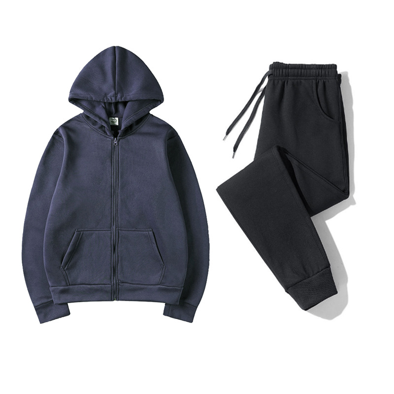 Cross-Border Men's and Women's Solid Color Sports Suit Fashion Casual Autumn and Winter Warm Hooded Cardigan Sweater + Sweatpants Two-Piece Set