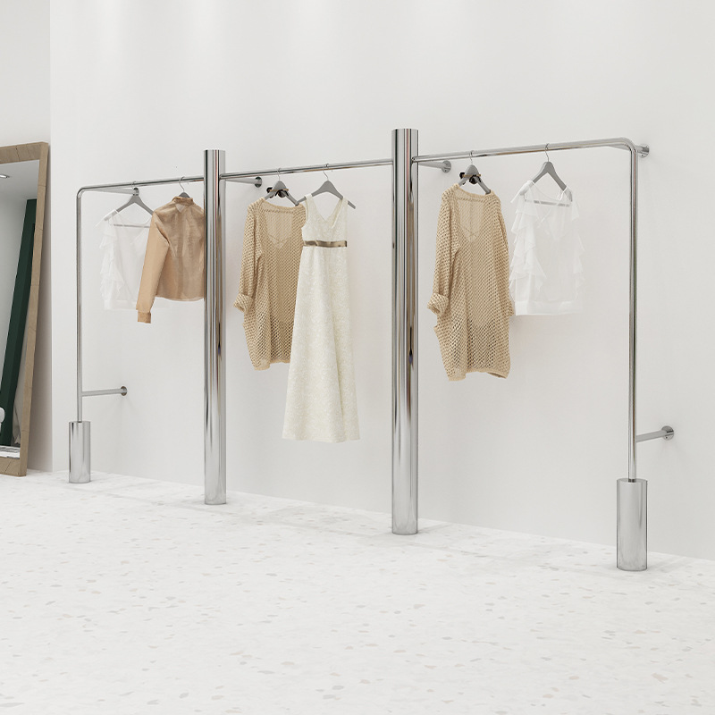 服装展示架陈列架落地不锈钢圆立柱挂衣架中岛侧挂上墙女装货架子