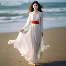波西米亚流行白色连衣裙新款长袖长款到脚踝海边度假沙滩大摆裙