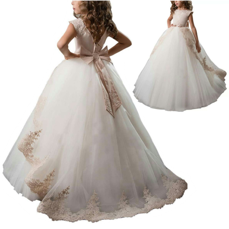 亚马逊热卖白色公主裙蕾丝儿童礼服拖尾长款花童婚纱