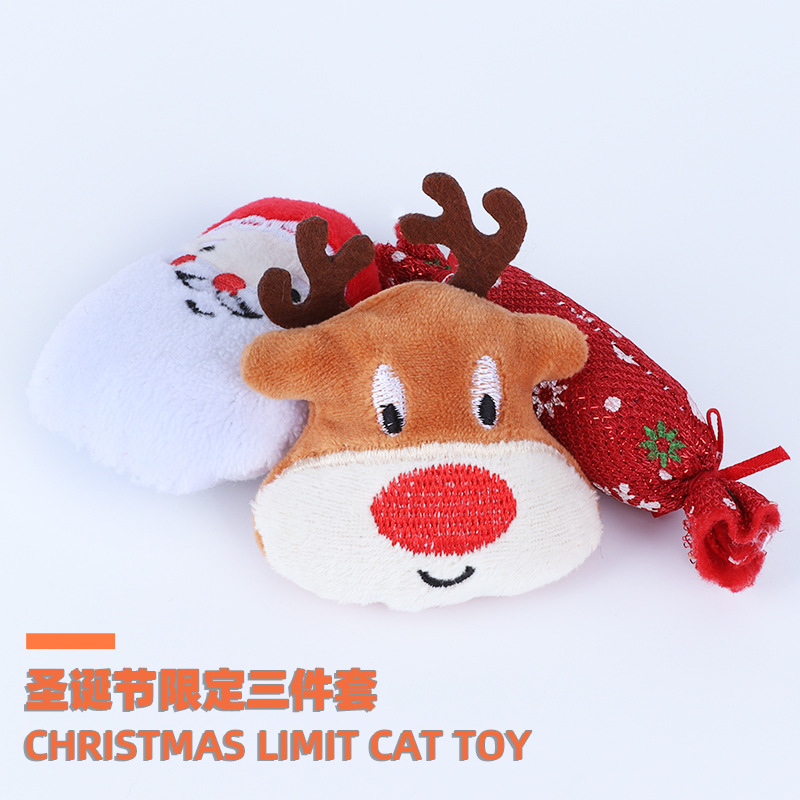 Cat Toy Cute Cartoon Kitten Cotton Bite-Resistant Toy Set Christmas Series Three-Piece Set Factory Direct Sales