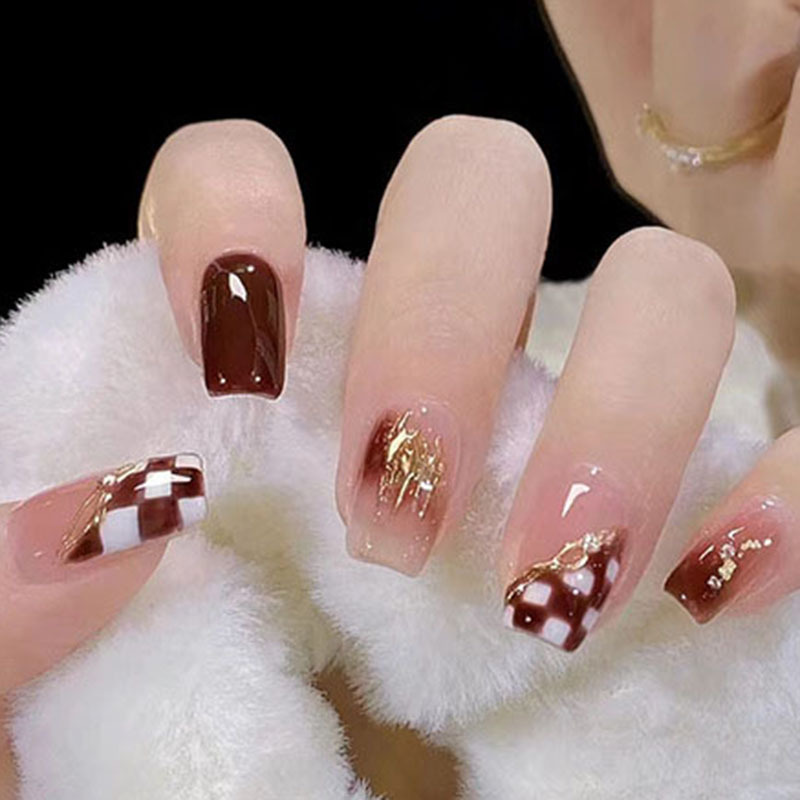 gentle sweet style wear nail finished patch short brown and white stitching chess plate nail fake nail piece wholesale